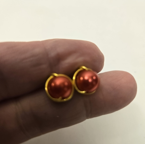 Hand Crafted Gold and Red Faux Pearl Post Earrings - Picture 8 of 10